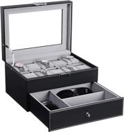 keep your watches safe and organized with bewishome's 10-slot watch box - black pu leather, real glass top, and valet drawer included! logo