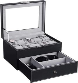 img 4 attached to Keep Your Watches Safe And Organized With BEWISHOME'S 10-Slot Watch Box - Black PU Leather, Real Glass Top, And Valet Drawer Included!