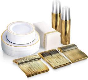 img 4 attached to MCIRCO Gold Dinnerware Set - 350 Pieces, 100 Gold Rim Plastic Plates, 50 Gold Plastic Silverware, 50 Gold Plastic Cups, 50 Linen Like Gold Paper Napkins, Disposable Gold Dinnerware Set for 50 Guests