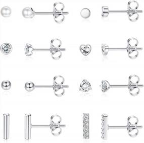 img 4 attached to Adramata'S Elegant Stud Earring Set: 8 Pairs Of Dazzling 925 Sterling Silver Earrings For Women Including Cartilage, Circle, Pearl, And Cubic Zirconia Studs