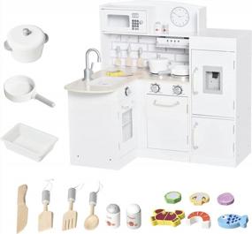 img 4 attached to Qaba Kids Деревянный игровой кухонный набор с питьевым фонтанчиком, микроволновой печью, холодильником и аксессуарами для детей от 3 лет, белый