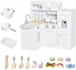 qaba kids wooden play kitchen set with drinking fountain, microwave, fridge and accessories for ages 3+, white logo