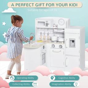 img 1 attached to Qaba Kids Деревянный игровой кухонный набор с питьевым фонтанчиком, микроволновой печью, холодильником и аксессуарами для детей от 3 лет, белый