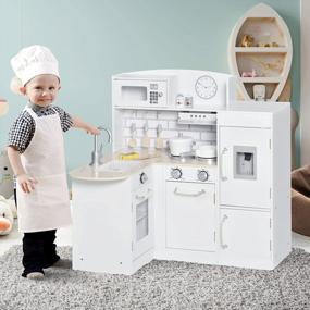 img 3 attached to Qaba Kids Деревянный игровой кухонный набор с питьевым фонтанчиком, микроволновой печью, холодильником и аксессуарами для детей от 3 лет, белый
