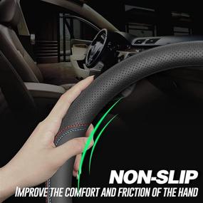 img 3 attached to Enhance Your Driving Experience with MIDUODUO Nappa Premium Leather Car Steering Wheel Cover - Non-Slip, Breathable & Stylish - Universal 15 Inches (Red and Blue Lines)