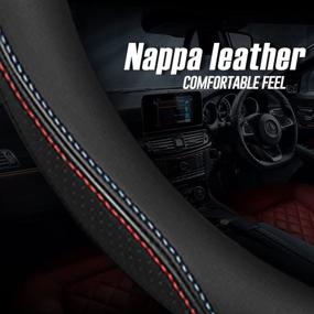 img 2 attached to Enhance Your Driving Experience with MIDUODUO Nappa Premium Leather Car Steering Wheel Cover - Non-Slip, Breathable & Stylish - Universal 15 Inches (Red and Blue Lines)