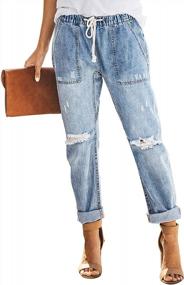 img 4 attached to Stay Comfy & Fashionable With GOSOPIN Women'S Distressed Denim Pants - Pull-On, Elastic Waist, Drawstring, And Ripped Design!