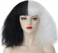 black and white cruella de vil wig for women - short fluffy wavy curly synthetic hair with bangs - ideal for party, cosplay, costume and halloween - elim z079wb logo