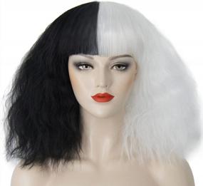 img 4 attached to Black And White Cruella De Vil Wig For Women - Short Fluffy Wavy Curly Synthetic Hair With Bangs - Ideal For Party, Cosplay, Costume And Halloween - ELIM Z079WB