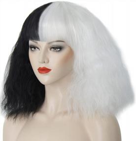 img 2 attached to Black And White Cruella De Vil Wig For Women - Short Fluffy Wavy Curly Synthetic Hair With Bangs - Ideal For Party, Cosplay, Costume And Halloween - ELIM Z079WB