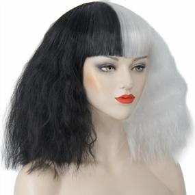 img 3 attached to Black And White Cruella De Vil Wig For Women - Short Fluffy Wavy Curly Synthetic Hair With Bangs - Ideal For Party, Cosplay, Costume And Halloween - ELIM Z079WB