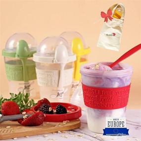 img 4 attached to 🥣 20 oz 4-Pack Clear Plastic Parfait Cups Set with Insert, Dome Lids, Spoon & Carrier Bag - Reusable Snack Container for Yogurt, Parfaits, Cereal, Oatmeal: 4 Color Options