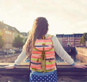 img 3 attached to Женский полосатый холщовый рюкзак на шнурке для путешествий от Kemy