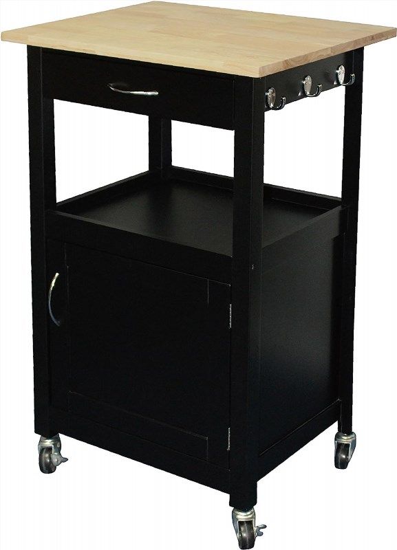 Black Kitchen Island Cart With Solid Hardwood Top, Drawer, And