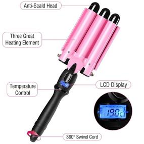 img 3 attached to Tourmaline Ceramic Triple Barrel Curling Iron With LCD Display - 1 Inch Hair Crimper For Stylish Waves And Curls, Dual Voltage Styling Tool (Light Pink)