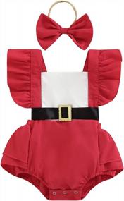 img 4 attached to 0-18M Newborn Baby Girl Christmas Outfit: Ruffle Fly Sleeve Romper + Belt Backless Bodysuit Jumpsuit W/ Headband Set