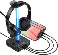 rgb headphone stand with usb charger cozoo desktop gaming headset holder hanger - 3 usb ports, 2 outlets - great for gamers, djs & wireless earphones display and game accessories gifts logo