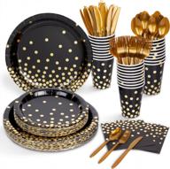 complete new year's eve party kit: decorlife black paper plates, cups, and napkins set for 24 guests with elegant black and gold design logo
