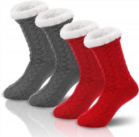 img 4 attached to LIBWYS 2 Pairs Women Fleece Lined Socks Cozy Winter Slipper Socks With Gripper Gray And Red, 6.5-8.5