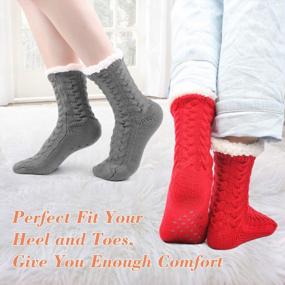 img 2 attached to LIBWYS 2 Pairs Women Fleece Lined Socks Cozy Winter Slipper Socks With Gripper Gray And Red, 6.5-8.5