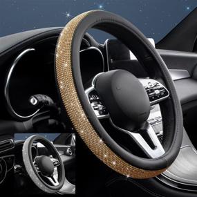 img 3 attached to VHOB Diamond Steering Wheel Cover: Bling Rhinestone Protector for Women, 15 Inch Anti-Slip Car Wheel Cover in Black and Gold