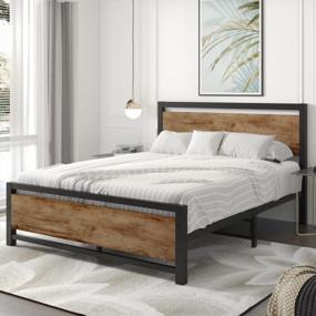 img 1 attached to Rustic Metal Bed Frame With Wooden Headboard And Footboard, Ideal For Full Mattresses With Under Bed Storage Support