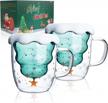 2 pack christmas tree double walled glass mugs with snowflake lid - hot cocoa, ice water, soda & coffee cups - perfect gift for family & friends. logo