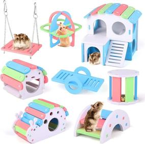 img 4 attached to 🐹 8-Piece Tiibot Fun Hamster Toys Set – DIY Wooden Gerbil Hideout with Swing, Seesaw, Rainbow Villa, Bear's Nest, Fitness Circle, Arch Bridge, Bell Roller, and Snail House – Ideal for Small Animal Sport Exercises – Blue