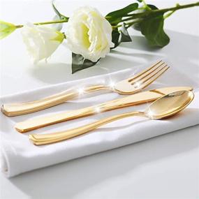 img 2 attached to Premium Gold Plastic Silverware Set for Parties - 160 Pcs Disposable Cutlery Kit with 80 Gold Forks, 40 Gold Spoons, 40 Gold Knives