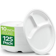 🍽️ stack man 10 inch heavy-duty plates [125-pack]: 100% compostable, 3 compartment eco-friendly disposable white bagasse plates made from natural sugarcane fibers - biodegradable paper plates logo