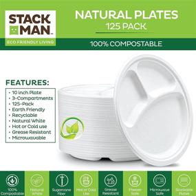 img 2 attached to 🍽️ Stack Man 10 Inch Heavy-Duty Plates [125-Pack]: 100% Compostable, 3 Compartment Eco-Friendly Disposable White Bagasse Plates Made from Natural Sugarcane Fibers - Biodegradable Paper Plates