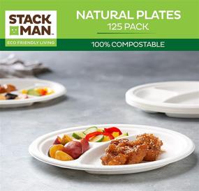 img 1 attached to 🍽️ Stack Man 10 Inch Heavy-Duty Plates [125-Pack]: 100% Compostable, 3 Compartment Eco-Friendly Disposable White Bagasse Plates Made from Natural Sugarcane Fibers - Biodegradable Paper Plates