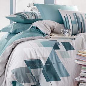 img 3 attached to SUSSEXHOME Light Gray Cubes Duvet Cover Set Teal, Full Size Duvet Cover, 1 Duvet Cover, 1 Fitted Sheet And 2 Pillowcases, Iron Safe, Hypoallergenic, Breathable Bedding Set, Machine Washable