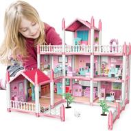 deao pink 3-story dollhouse with 9 rooms: diy building playset, furniture, and accessories - perfect gift for girls age 6-9, ideal for pretend play logo