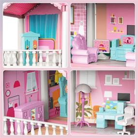 img 2 attached to Розовый 3-этажный кукольный домик DeAO с 9 комнатами: набор для сборки своими руками, мебель и аксессуары - идеальный подарок для девочек в возрасте 6-9 лет, идеально подходит для ролевых игр