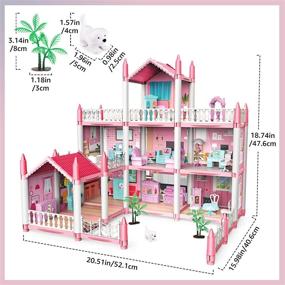 img 1 attached to Розовый 3-этажный кукольный домик DeAO с 9 комнатами: набор для сборки своими руками, мебель и аксессуары - идеальный подарок для девочек в возрасте 6-9 лет, идеально подходит для ролевых игр