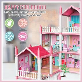 img 3 attached to Розовый 3-этажный кукольный домик DeAO с 9 комнатами: набор для сборки своими руками, мебель и аксессуары - идеальный подарок для девочек в возрасте 6-9 лет, идеально подходит для ролевых игр