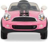 rollplay mini cooper s 6v electric car for kids featuring realistic engine and horn noises with working led headlights, folding mirrors, and a top speed of 2.5 mph, pink logo
