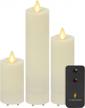 luminara set of 3 outdoor moving flame 2" slim pillar (4.5", 6.5" and 8.5" tall) ipx4 water resistance, flameless led candle with remote control, melted edge, matte plastic, timer, ivory logo
