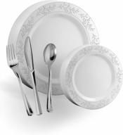upscale 200 piece disposable plastic plates and cutlery set featuring 40 silver leaf trim dinner plates, 40 silver dessert plates and 40 glossy silver plastic forks, knives and spoons logo