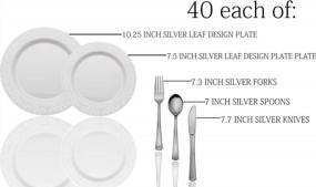 img 3 attached to Upscale 200 Piece Disposable Plastic Plates And Cutlery Set Featuring 40 Silver Leaf Trim Dinner Plates, 40 Silver Dessert Plates And 40 Glossy Silver Plastic Forks, Knives And Spoons