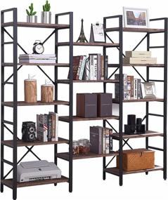 img 4 attached to SUPERJARE Triple 5 Tier Bookshelf, Bookcase With 14 Open Display Shelves, Ladder Bookshelf, Wide Book Shelf Book Case With Steel Frame, Wood Board, For Home & Office, Vintage Brown