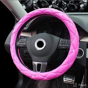 img 1 attached to 🌸 Universal PU Leather DAD Crystal Diamond Steering Cover - Amuahua Car Steering Bling Wheel Cover, 38CM/15, Ideal for Car Girls & Women (Rose & Pink), Suitable for All Seasons