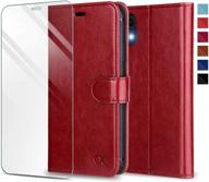 red leather wallet flip case for iphone xr 6.1 inch - wireless charging, tpu shockproof protection & card slot with kickstand feature. logo