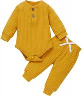 newborn baby boy girl unisex clothes 2 piece winter outfit solid knit cotton long sleeve romper & pants logo