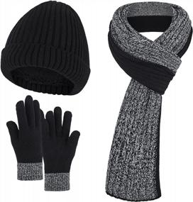 img 4 attached to Зимние шапки-бини для мужчин, комплект из 3 предметов, теплый шарф, перчатки с сенсорным экраном, мужская вязаная шапка на флисовой подкладке для холодной погоды