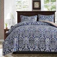 nanko queen comforter set 3pc: navy blue boho damask pattern print 88x90in reversible down alternative microfiber farmhouse bedding sets in a bag for women men, paisley bohemia logo