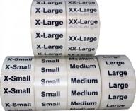 xs-xxl clothing size strip labels 1.25 x 5" 1 roll each 125 adhesive stickers per roll 750 adhesive stickers, clear with black and white ink logo