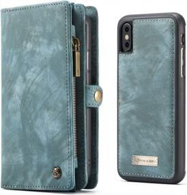 img 4 attached to Durable Leather Wallet Case For IPhone X/Xs - KONKY Caseme Magnetic Detachable Removable Cover Pouch Folio Flip Card Pockets Holder Bag Smooth Zipper Blue-Green