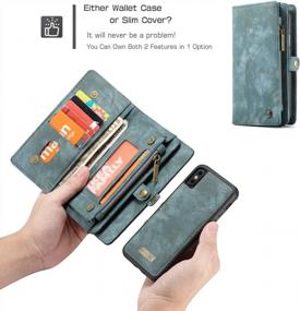 img 2 attached to Durable Leather Wallet Case For IPhone X/Xs - KONKY Caseme Magnetic Detachable Removable Cover Pouch Folio Flip Card Pockets Holder Bag Smooth Zipper Blue-Green